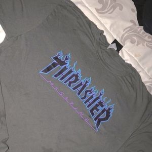Gray Trasher T-shirt blue and purple flame